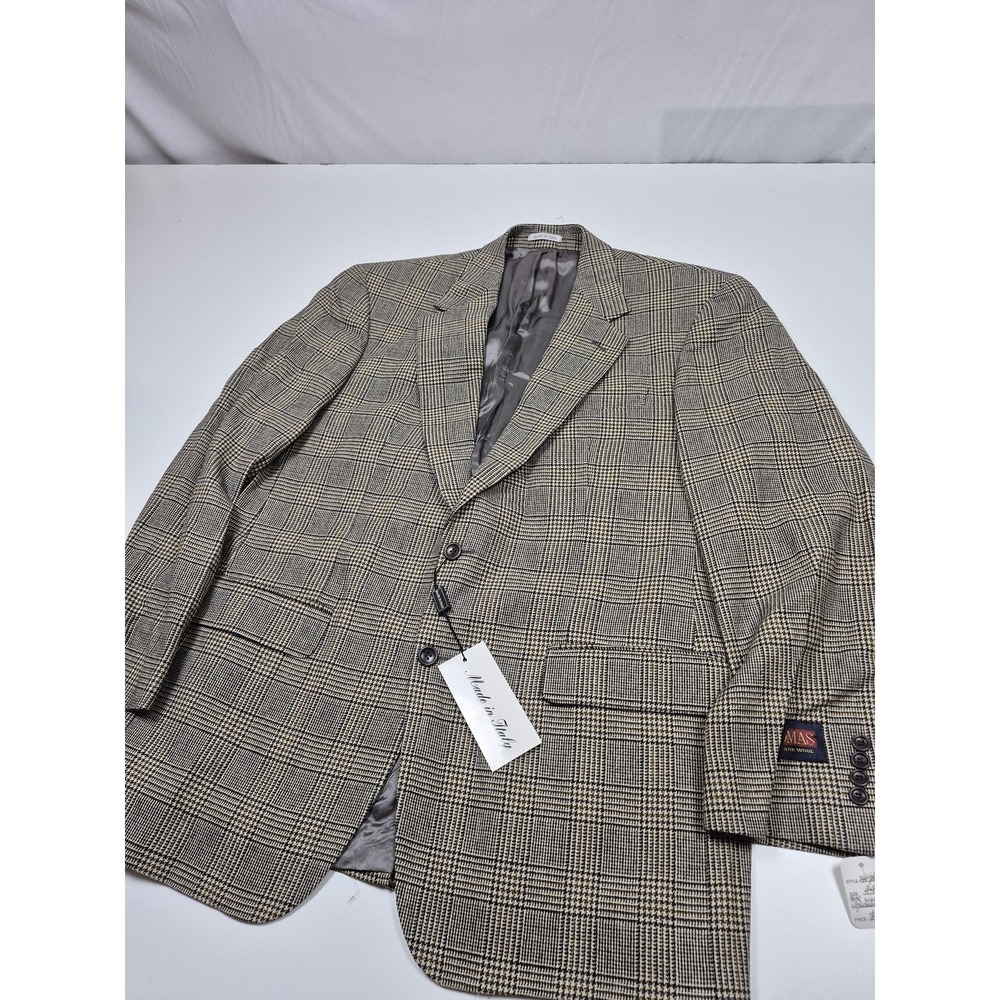 Majer Blazer Mens 44 Long Beige Wool Cashmere Plaid Sport Coat Italy Ethomas NWT